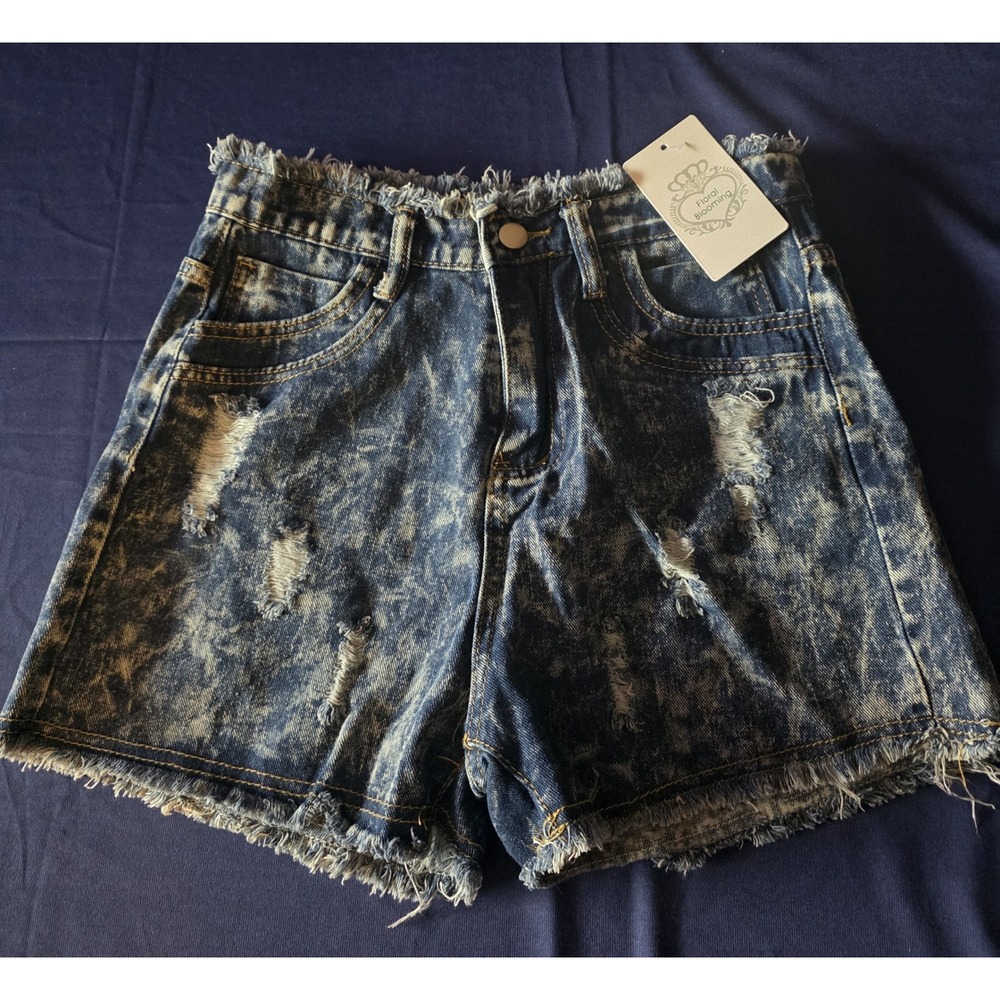 Floral Blooming Womens Acid Wash Distressed Denim Shorts Blue High Rise Size M
